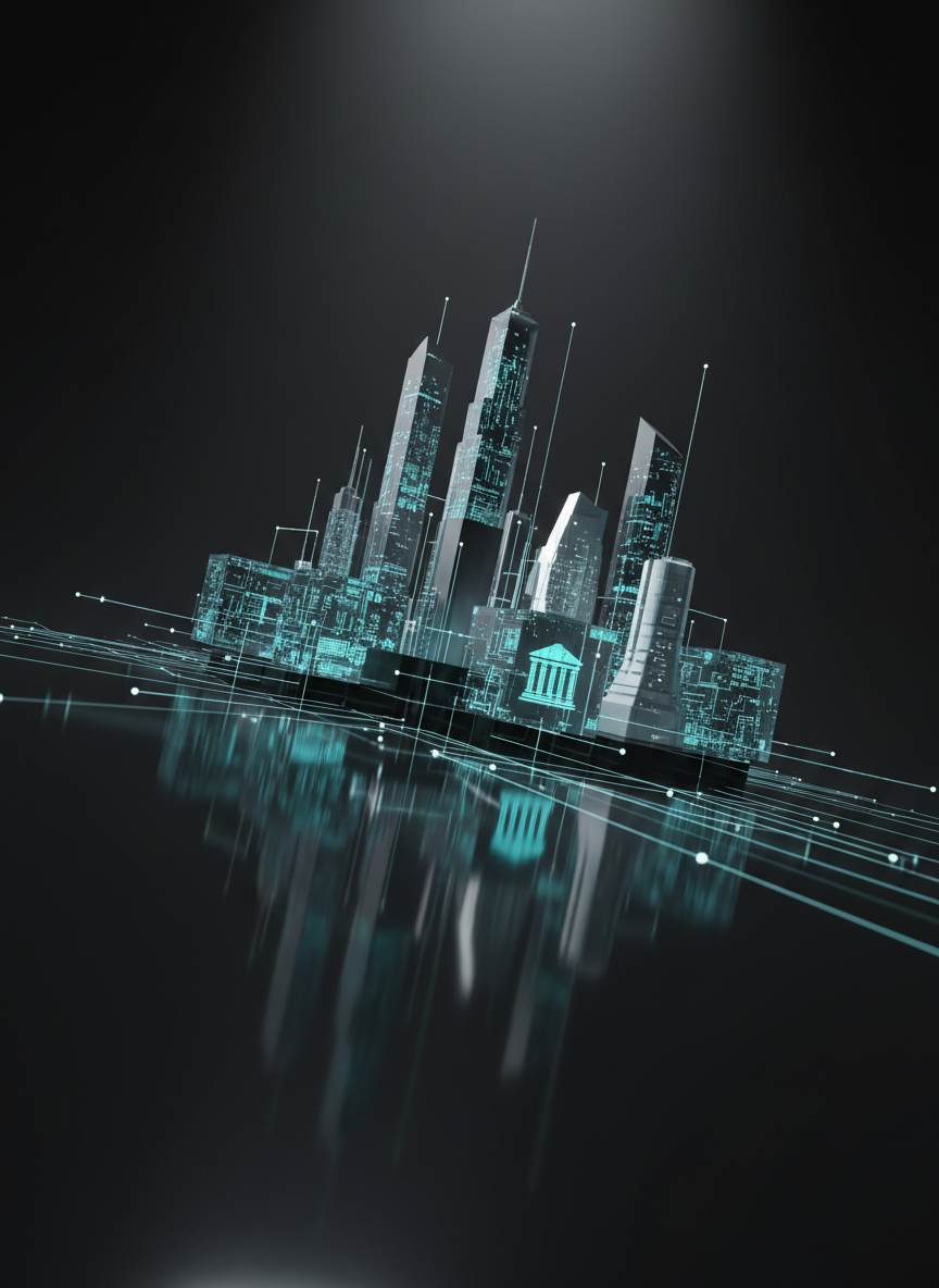 A cluster of translucent, crystalline cubes floating above a reflective black surface, each cube containing miniature circuit patterns and soft internal lighting in shades of blue and teal. Thin, luminous lines connect the cubes in a dynamic network, forming a stylized cityscape silhouette suggesting government, banking, and healthcare sectors. The surrounding environment is a dark, abstract studio with controlled spotlights creating dramatic highlights and long, elegant reflections. Shot from a low, slightly tilted angle, the composition feels energetic and futuristic. The atmosphere is bold yet controlled, representing AI, cloud, and advanced analytics working together to clear a path forward. The photographic realism and clean, conceptual design match a professional IT services brand.