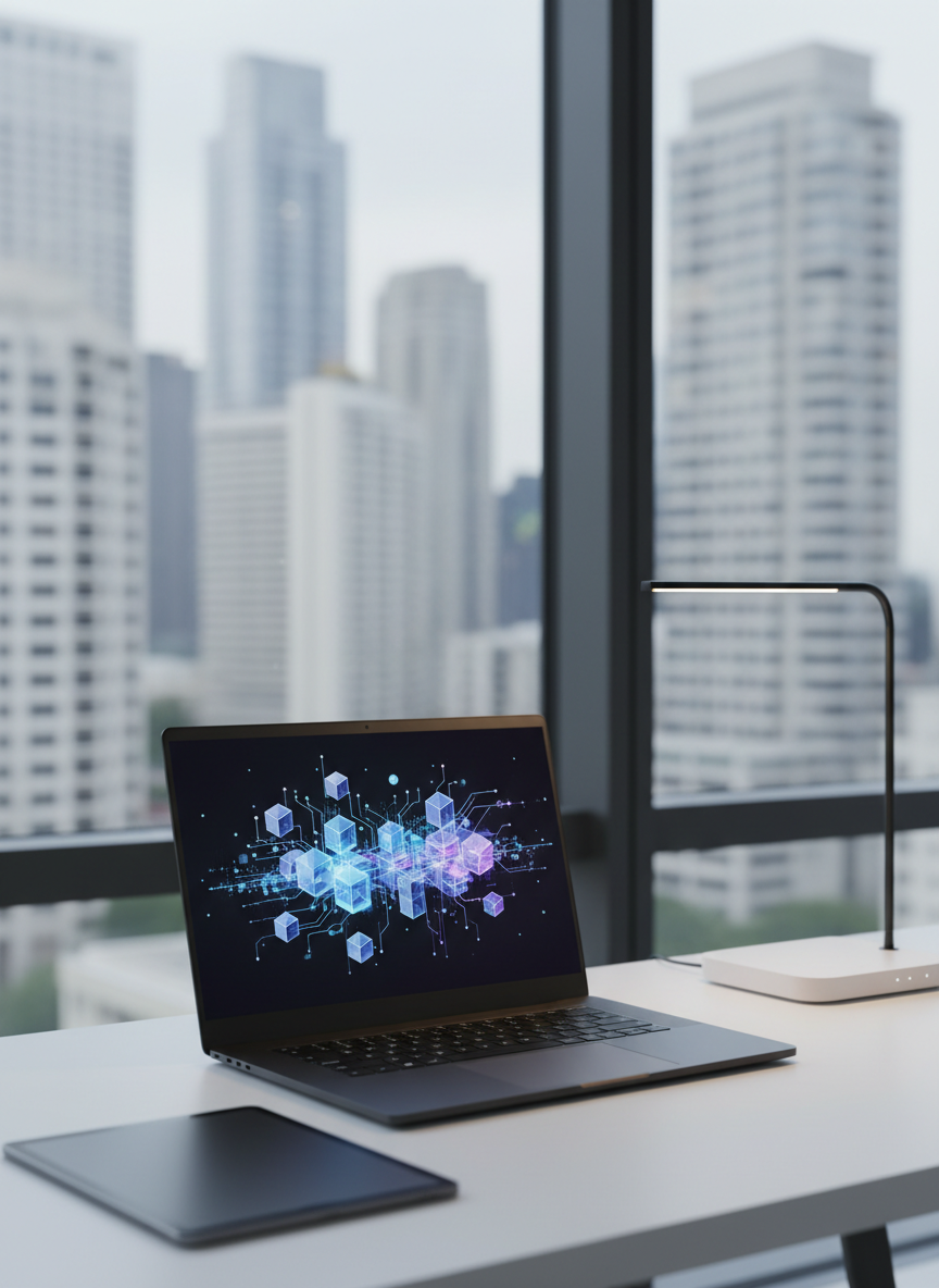 A sophisticated, dark matte laptop open on a tidy white desk, its high-resolution screen displaying an abstract, glowing cloud architecture diagram made of interlocking geometric shapes and luminous network pathways. Around it, small, unbranded devices like a tablet and a slim router hint at a connected ecosystem. Large floor-to-ceiling windows reveal an out-of-focus city skyline with government, banking, and healthcare buildings, suggesting diverse sectors. Soft daylight streams in, complemented by subtle desk-lamp lighting, creating a balanced, calm atmosphere. Shot from a slightly elevated angle with shallow depth of field, the composition feels focused and strategic, emphasizing IT modernization, cloud migration, and AI-driven optimization in a realistic, polished photographic style.