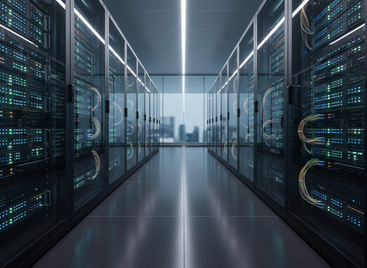 A sleek, ultra-modern server rack system filled with neatly arranged, glowing network equipment, each device displaying subtle blue and green status lights. The servers sit in a pristine, glass-walled data center with polished dark floors reflecting the hardware. Cool, controlled overhead LED lighting casts a clean, even illumination, creating crisp reflections and soft shadows that emphasize order and reliability. The camera is positioned at eye level, slightly angled down a central aisle to suggest depth and scalability. The mood is professional, confident, and forward-looking, with photographic realism and a clean, minimal aesthetic that communicates enterprise-grade IT services and infrastructure modernization.