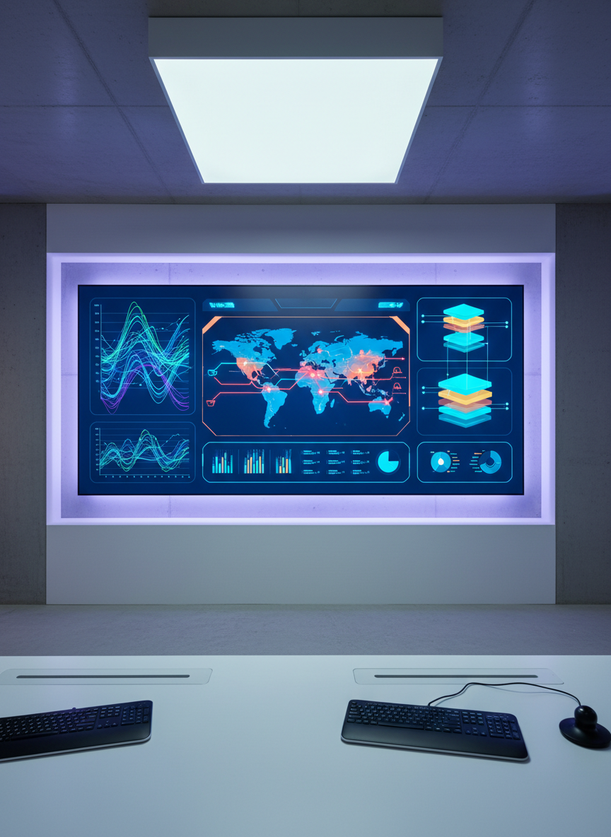 A large, interactive-style digital dashboard displayed on a wall-mounted, frameless 4K screen in a modern, minimalist operations room. The screen shows a vivid yet clean visualization of network performance, security alerts, and cloud resources as colorful graphs, maps, and smoothly animated nodes, without any legible text. Below, a streamlined console desk holds a few neatly arranged, unbranded input devices. Soft, cool-toned overhead lighting and subtle accent LEDs behind the screen create a high-tech glow, casting gentle gradients on the walls. Captured from a centered, eye-level viewpoint with sharp focus, the mood is calm, vigilant, and solutions-oriented, evoking expert teams monitoring client environments and identifying challenges early with photographic realism.