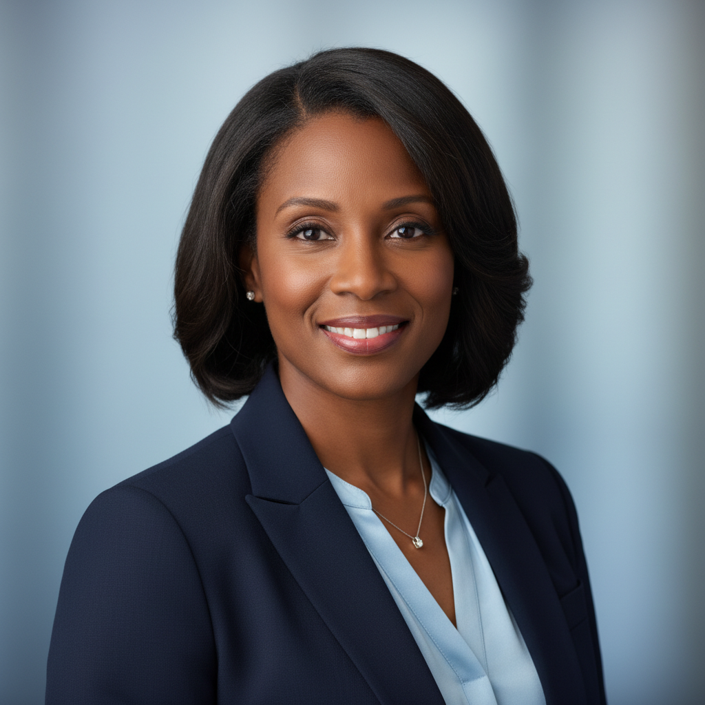 A professional headshot-style portrait of a confident business professional. Clean, modern background. Sharp focus on face. Suitable for a corporate or consulting website. Diverse representation, polished and trustworthy appearance.