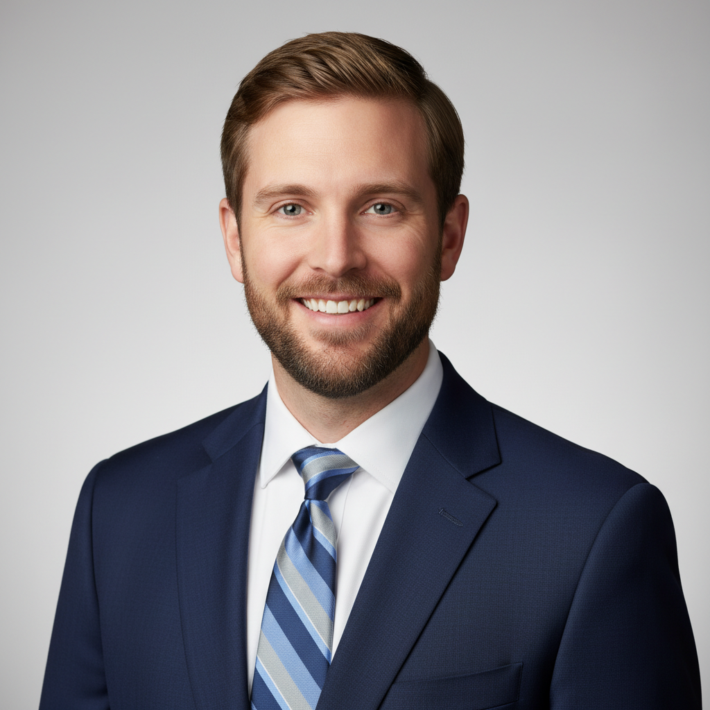 Professional headshot of a white man, business attire, clean neutral background, sharp focus, confident expression, polished corporate look